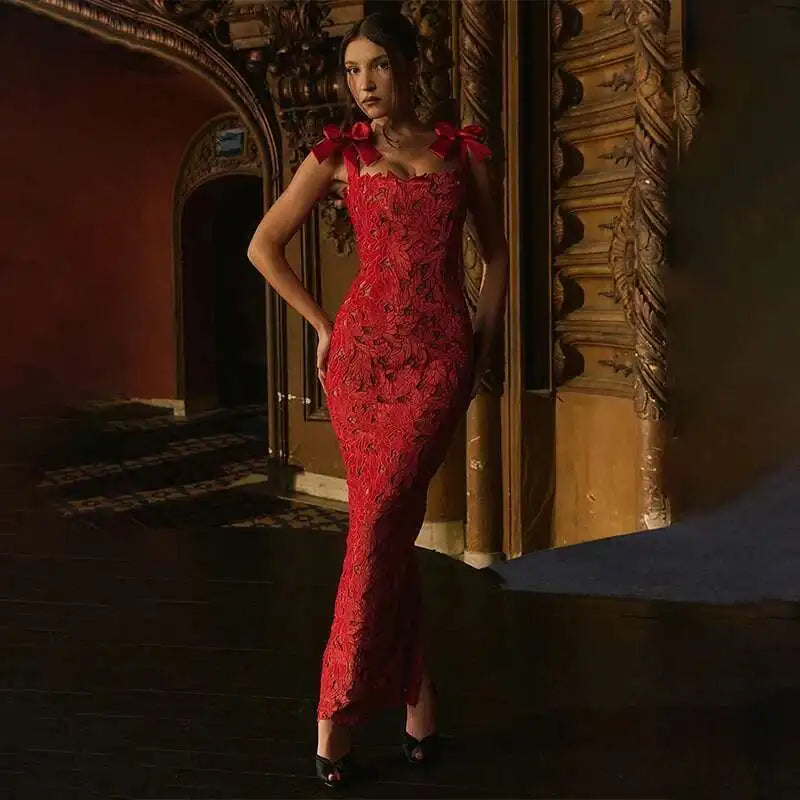 Townlike Hollow Out Slim Bodycon Christmas Dress Women 2026 Summer Dress Bow Embroidery Maxi Long Sexy Party Dresses