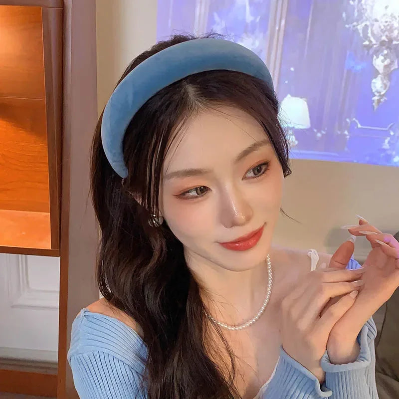 New Korean Style Sponge Headband for Women Elegant Gold Label Blue Wide Brimmed Hair Band Fashion Girl Face Wash Hair Hoop
