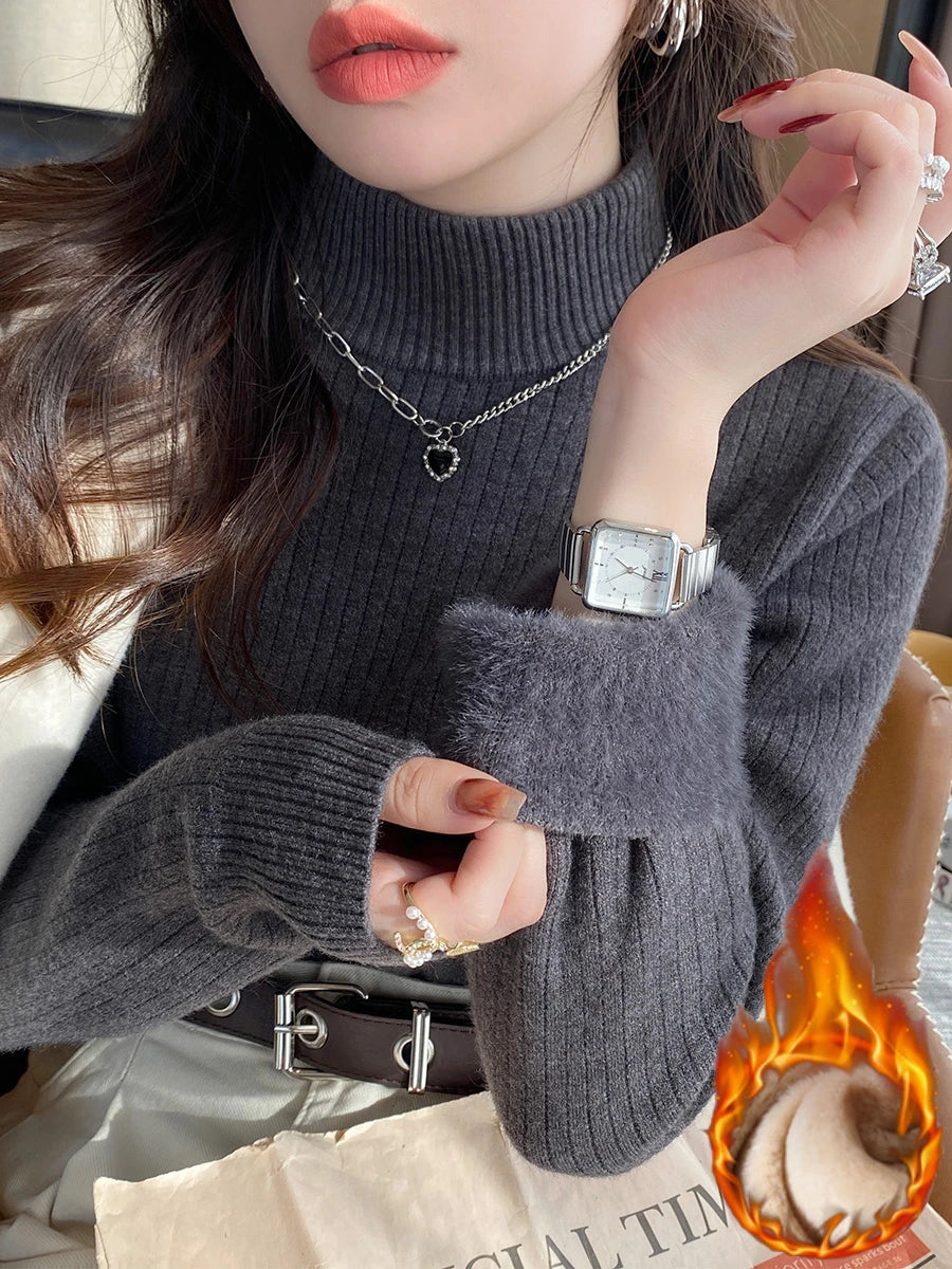 New Winter Turtleneck Sweater Knitwear Women Elegant Thicken Velvet Lined Warm Sweaters Knitted Pullover Slim Tops Jersey Jumper