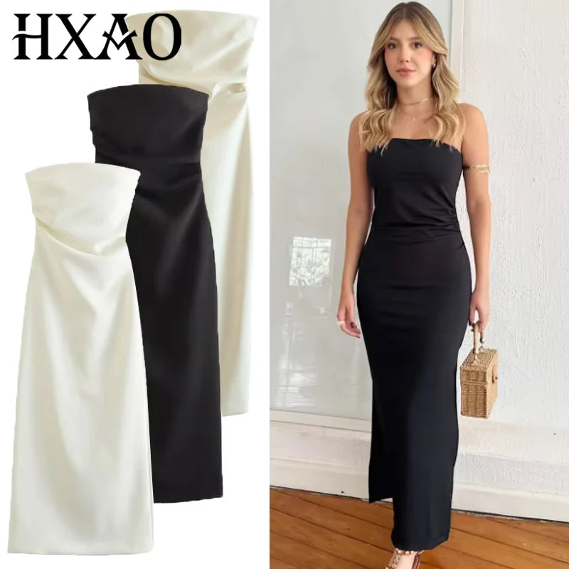 HXAO 2026 Womens Strapless Dresses Summer Off White Black White Dress Midi Ruffled Off Shoulder Backless Dress Prom Vestidos 066