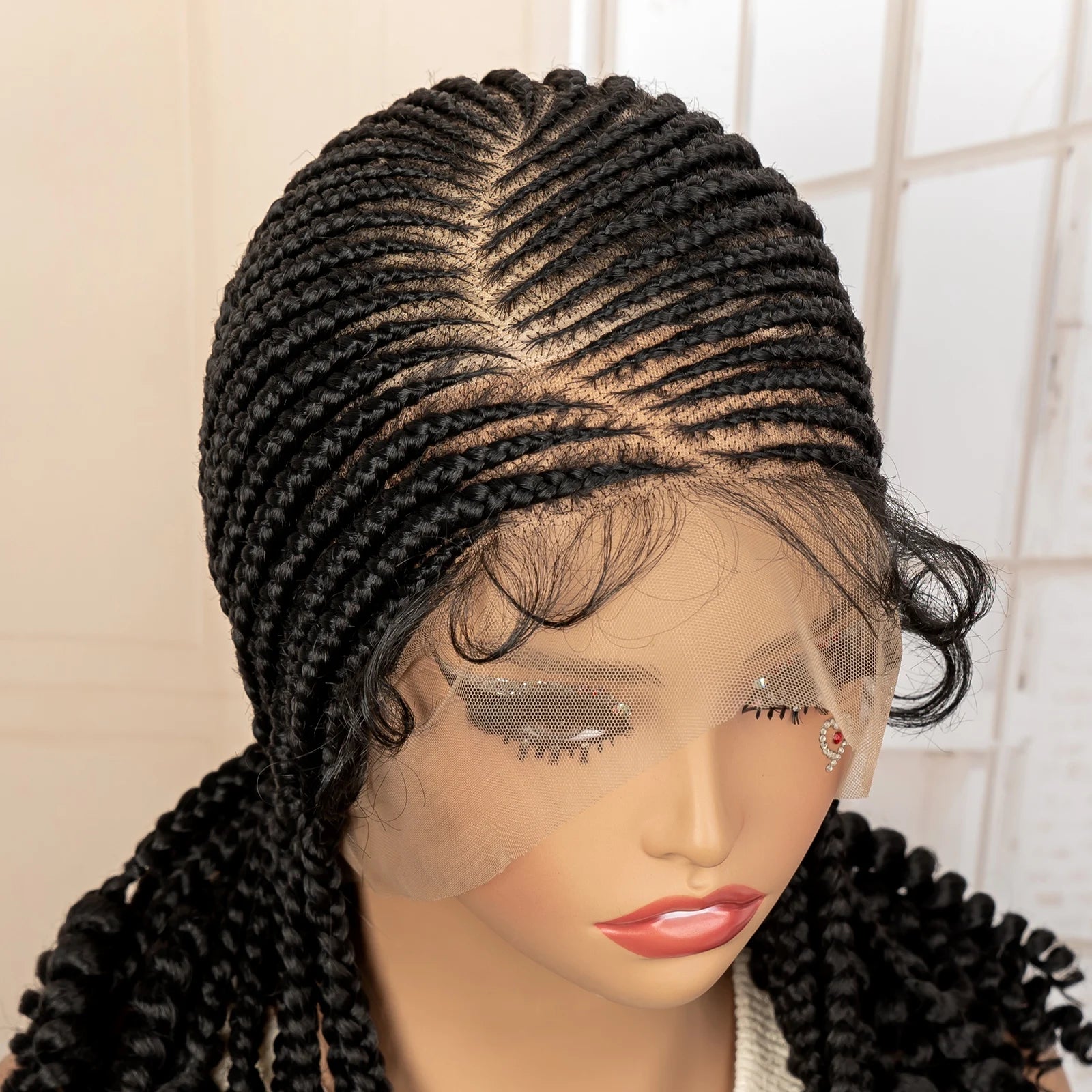 Full Lace Braided Wig with Curly Ends Synthetic Cornrow Braids Wig for Black Women Lace Frontal Afro Knotless Braiding Wigs