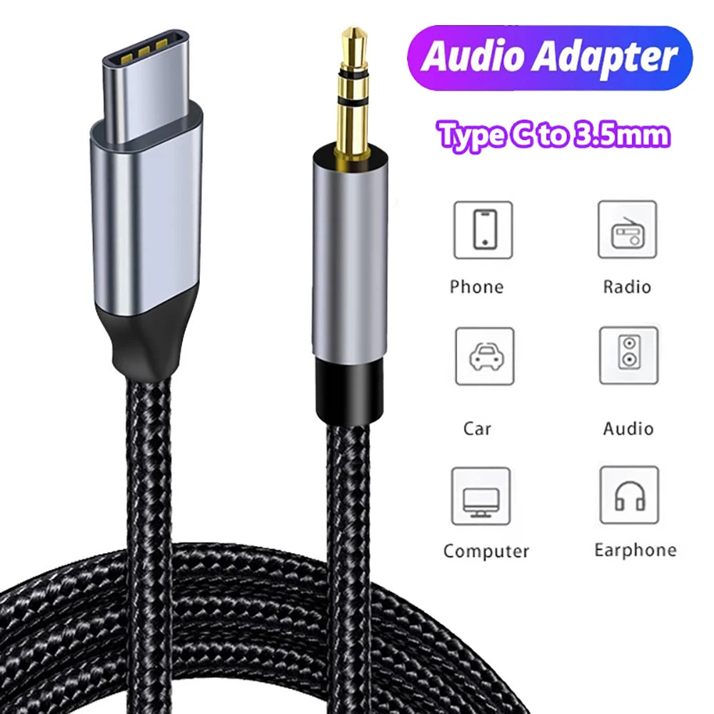 0.5m/1m/1.5m/2m Audio extension cord USB C To 3.5mm Audio line Car Video Headphone Speaker Adapter Type C To 3.5Mm Jack AUX Cord
