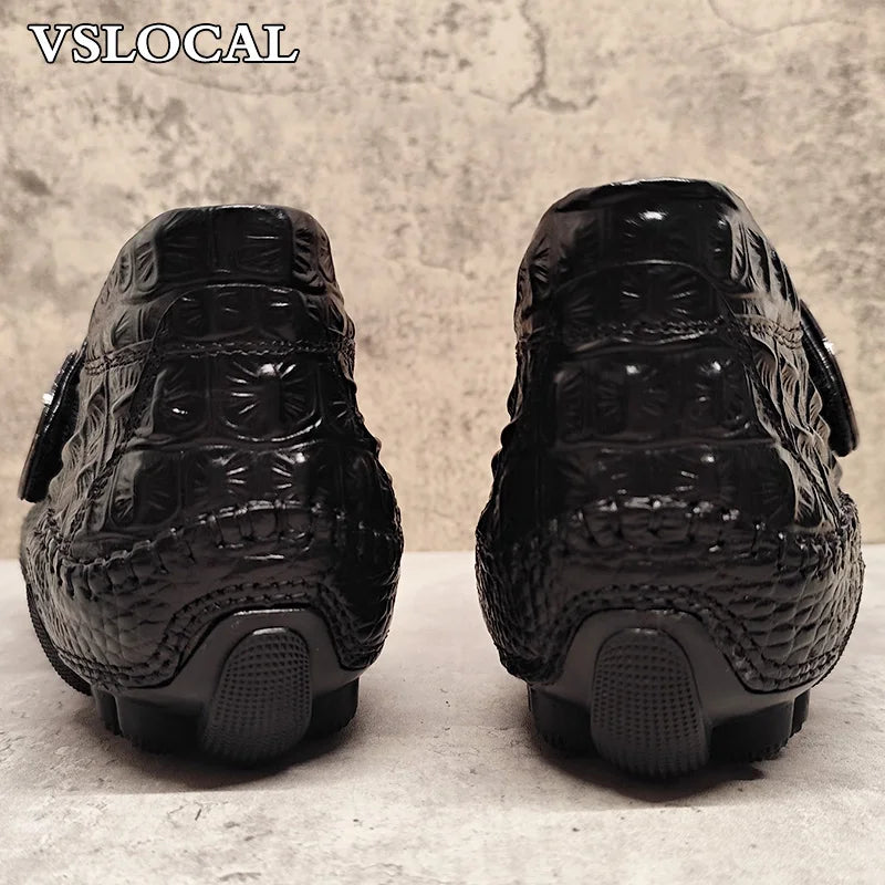Winter Men's Warm Shoes Croco Prints Formal Dress Mens Casual Shoes Black Real Leather Comfortable Monk Buckle Shoes Men