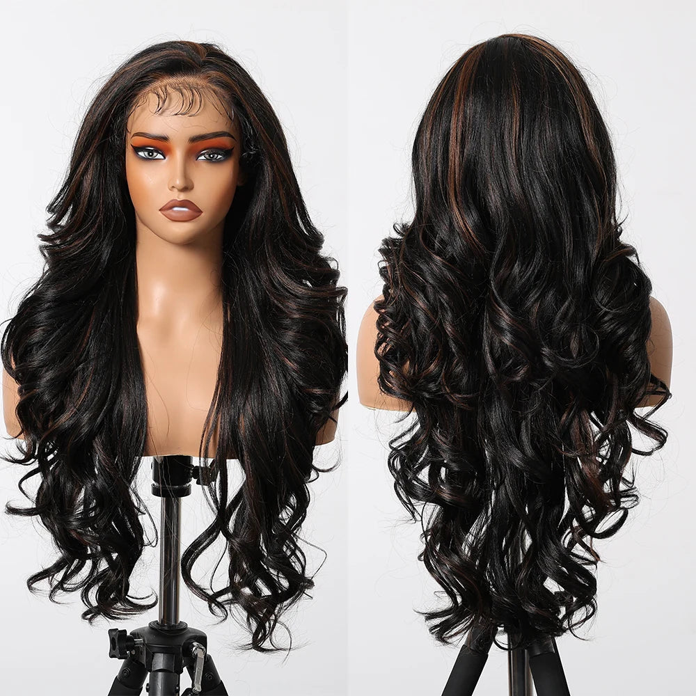 Gray White Highlight Synthetic Wigs 13*6 Transparent Swiss Lace Frontal Wigs Body Wave Long Curly Wigs for Women Elder Mommy Wig
