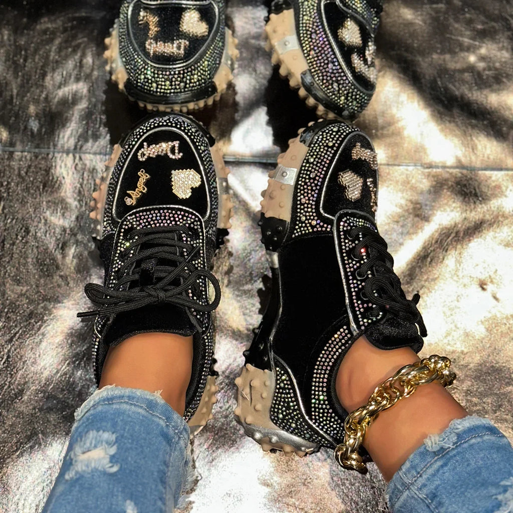 Fashionable Crystal Sporty Casual Dad Shoes for Women New Style Cross-Border Durian Sole Embellished Single Shoes Leisure