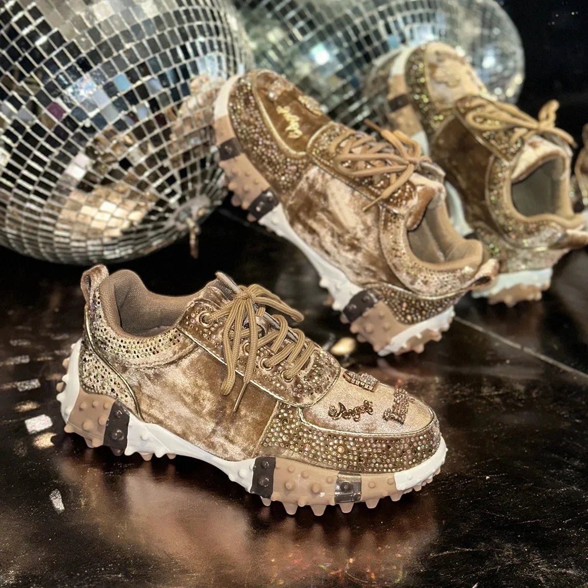 Fashionable Crystal Sporty Casual Dad Shoes for Women New Style Cross-Border Durian Sole Embellished Single Shoes Leisure