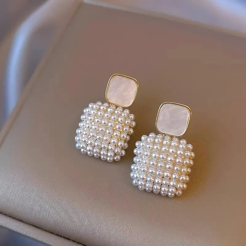 Fashion CrysFashion  Long Bowknot Waterdrop Pearl Earrings Woman Simple Cute Vintage Square lower Statement Earring Jewerly