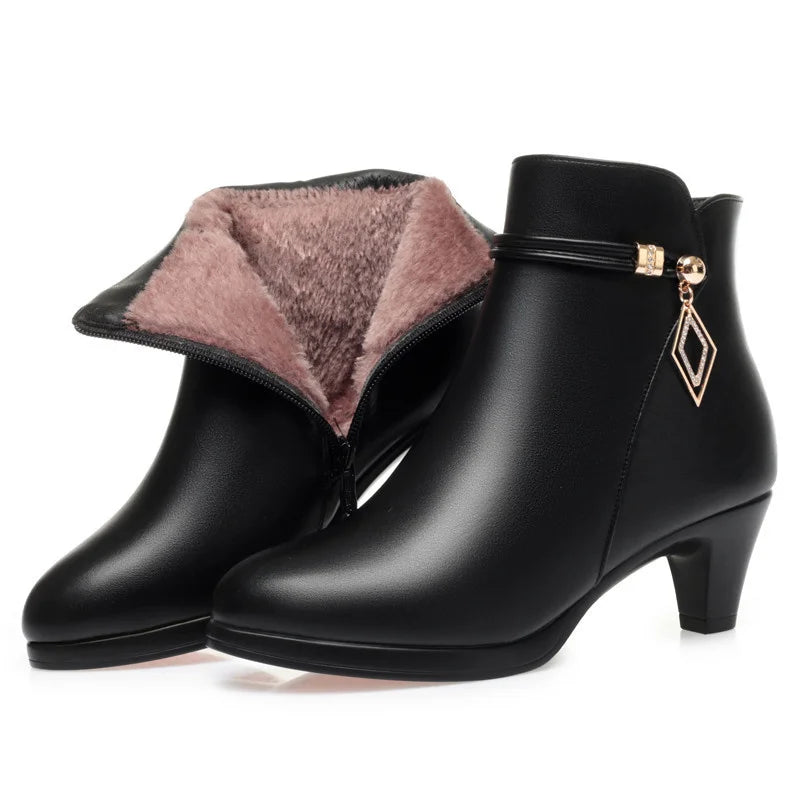 Comfort Fashion Soft Leather Winter Shoes Platform Boots 2026 Elegant Black Block High Heels Ankle Office Mom Boots