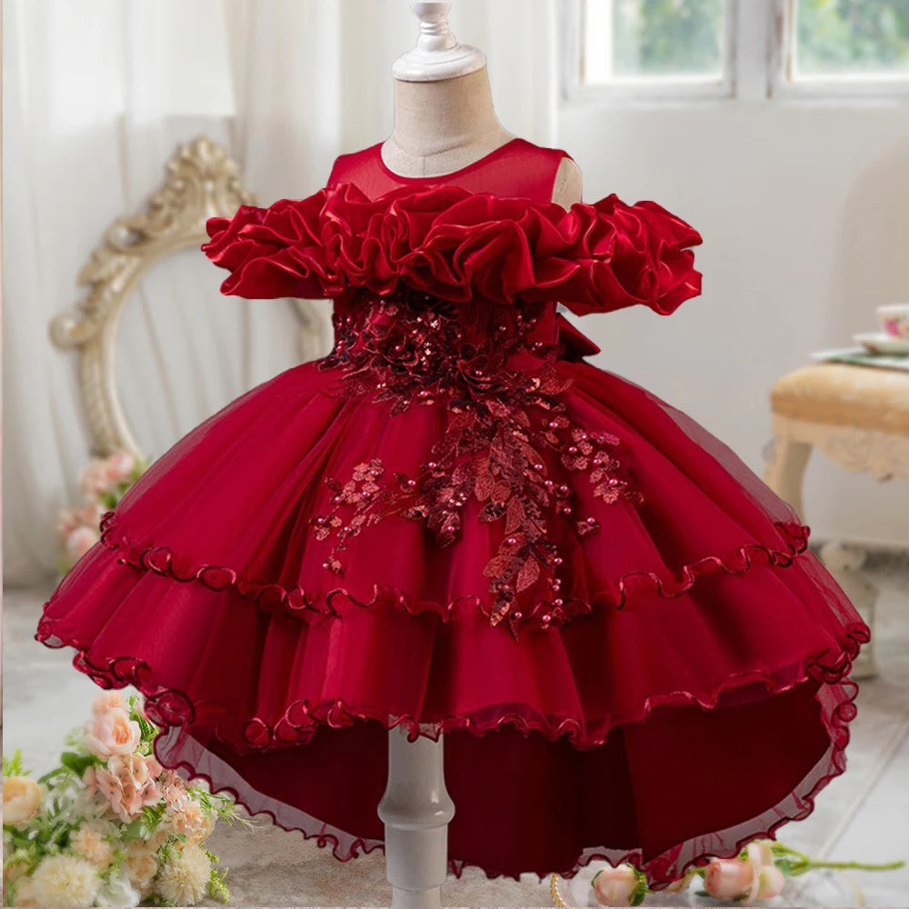 Fashion Pink Flower Girl Party Dresses Wedding Birthday Tulle Princess Dress for Kids Graduation Pageant Bridesmaid Kids Costume