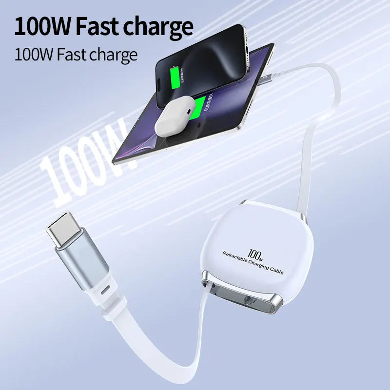 PD100W Fast Charging Retractable Cable For iPhone 16 15pro Xiaomi 15 14 Type C USBC Fast Charging Car Kit Portable Charge Cable