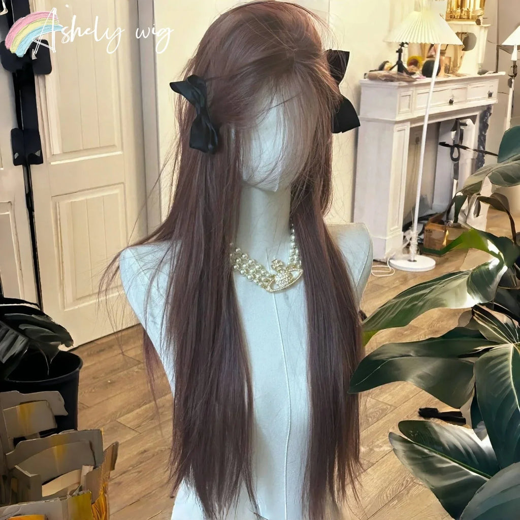 Lace Front Synthetic Wigs Pink Brown Wig Long Straight Lolita Wig Female Cosplay Heat Resistant Wig for Daily Use 가발