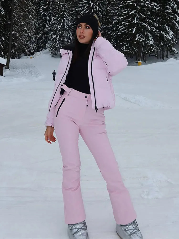 Fashion Pink Ski Suit Set Women Winter Hooded Zipper Pockets Padded Jacket Pants Suit Lady New Casual Holiday Warm Outwear 2026