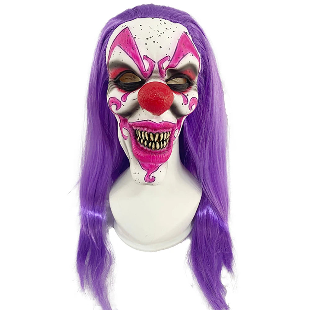 Halloween Clown mask,Scary Evil Joker Mask with Long Hair,Horror Killers Masks Costume Cosplay Props For Adult