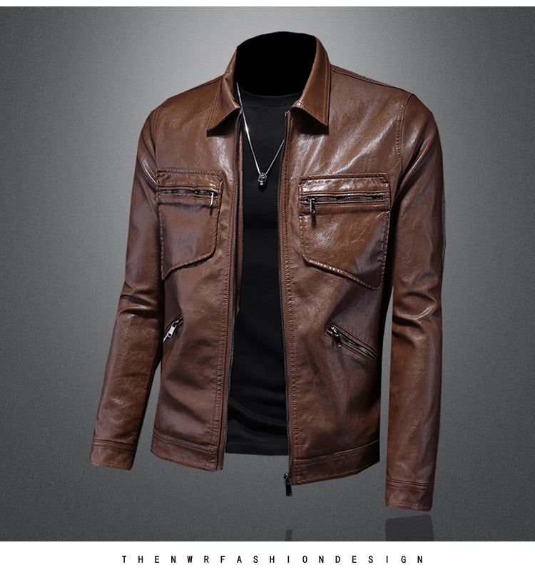 2024 Autumn and Winter New Men's Fashion Handsome Trend Business Leisure Lapel Motorcycle Leather Coat Slim Stylish Man  M-4XL