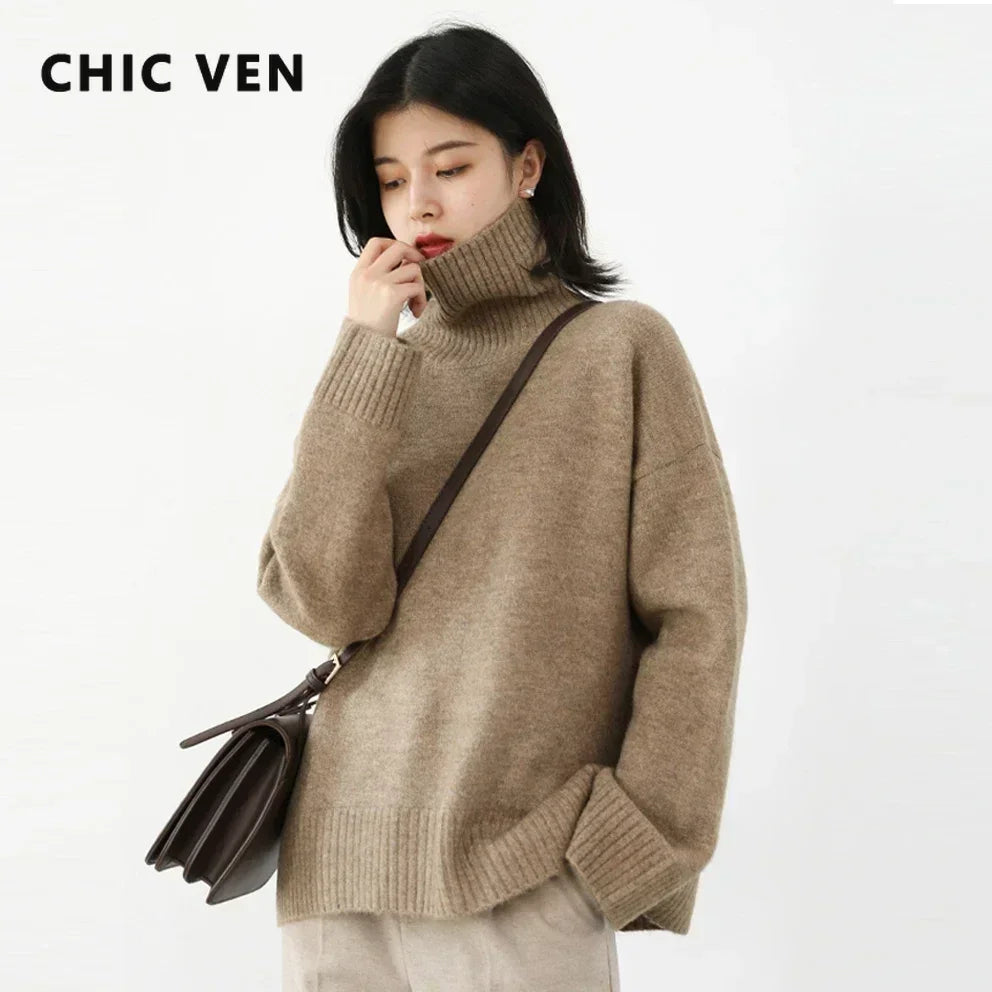 CHIC VEN Korean Women's Sweater Loose Turtleneck Sweaters Warm Solid Pullover Knitwear Basic Female Tops Autumn Winter 2026