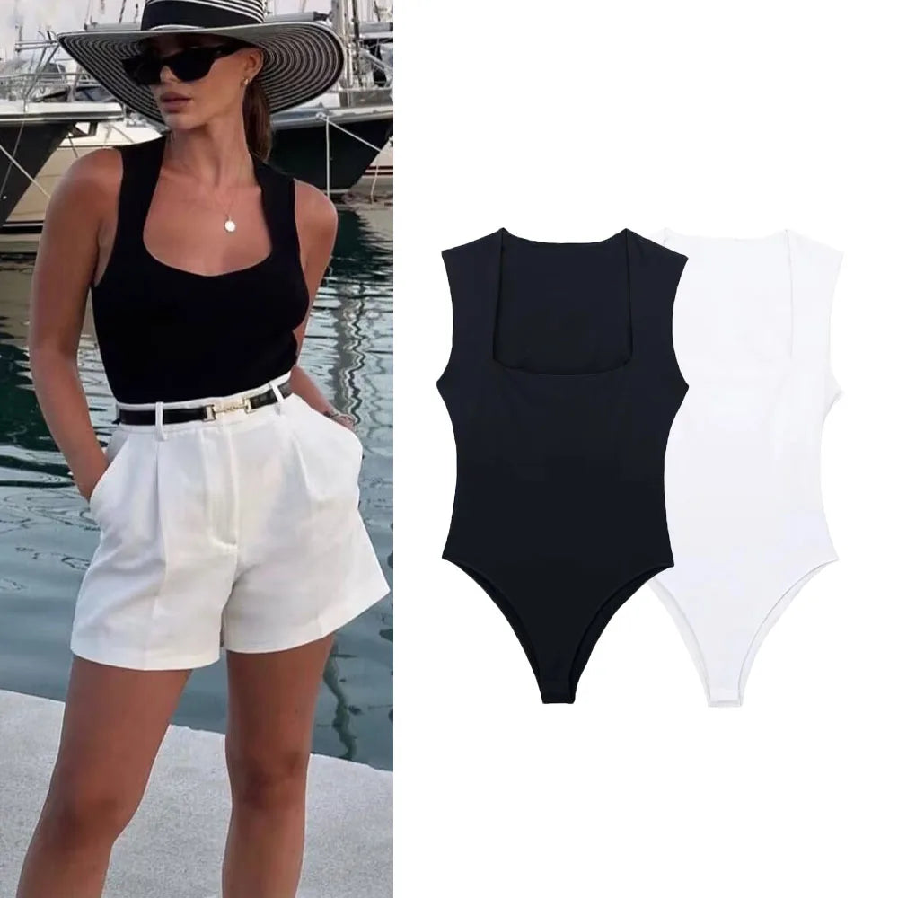 MUJER Woman Black Body Sleeveless Bodysuit Women Square Neck Sexy Lingerie For Women Body Wide Straps Bodycon Summer 2026 Tops