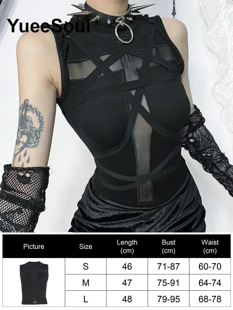 Gothic Crop Tops Black Spaghetti Strap Mesh Slim Corset Tops 2026 New Goth Punk Grunge Fairy Core Sexy Y2K Halloween Clothing