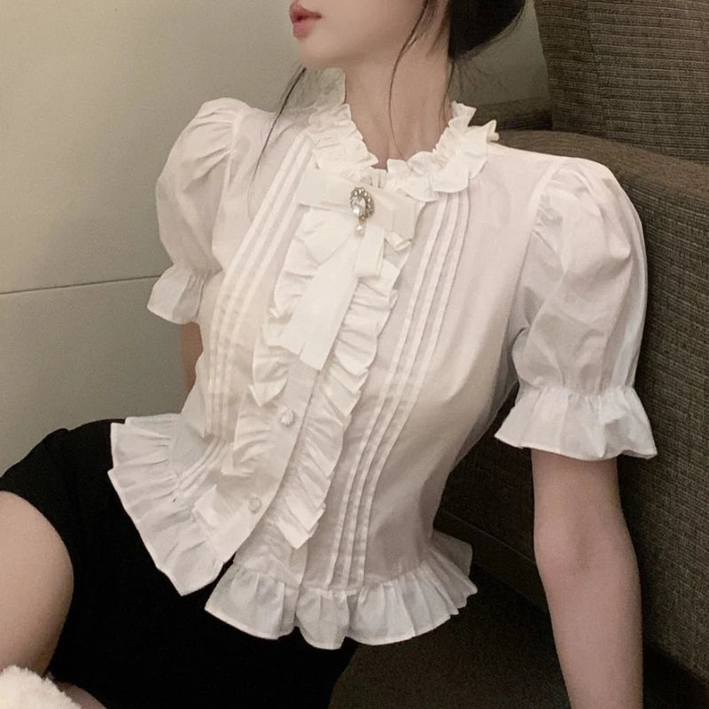 Puff Sleeve Shirts Women White Ruffles Elegant Summer Vintage Office Lady Aesthetic Mature Sweet Minority Sexy Clothing Daily