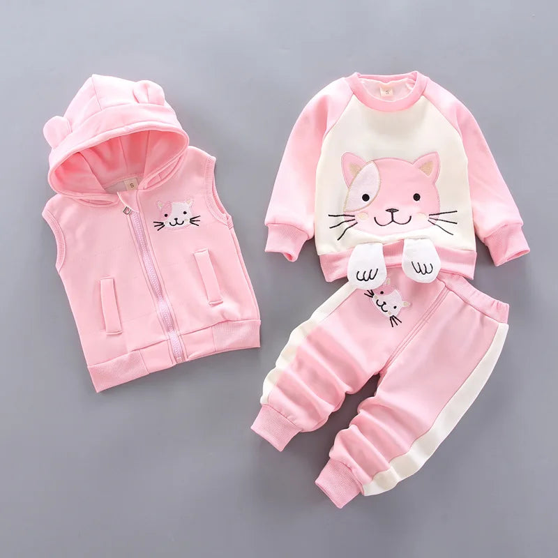 Baby Boy Suit 2026 Boys and girls Autumn Plush Thick Warm Casual Hooded Sweater Winter Cartoon Cute Bear Three-Piece Suit 0-4Y