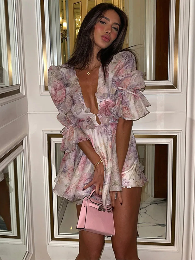 Sweet V-Neck Printed Flare Sleeve Mini Dress Elegant Pleated Hollow Out A-line Gown New Female Holiday Dinner Party Vestido 2026