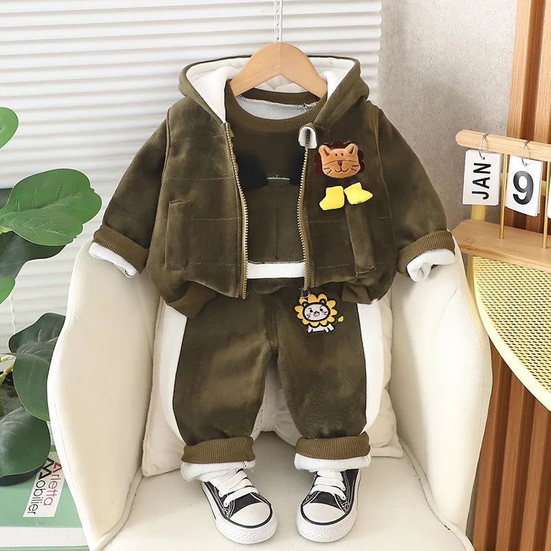 Children Warm Clothing Sets Winter Plus Velvet Thick 3Pcs Outfits Cartoon Bear Baby Boys Girls Sport Tracksuit Suits 1-4 Years