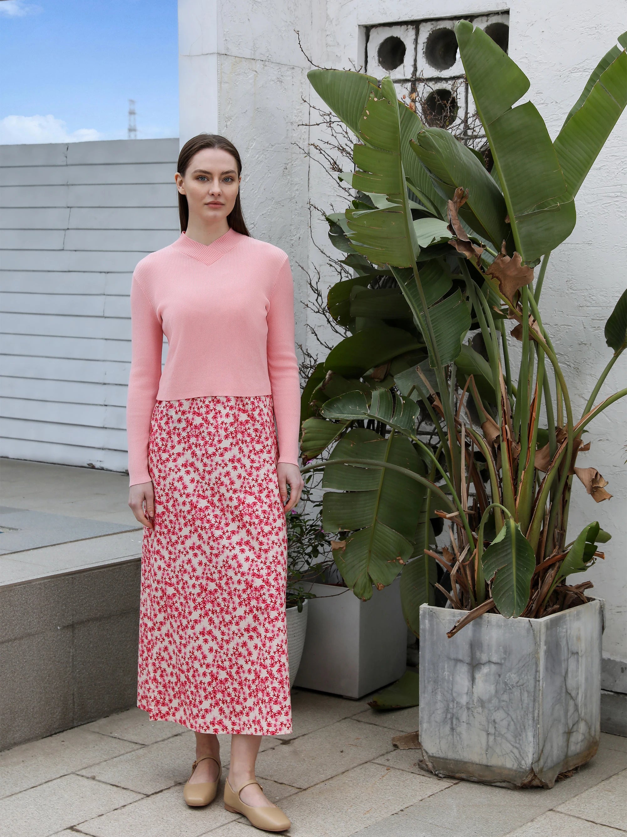 AP 2026 Spring and Summer Women Pink Pattern Satin Slip Dress Knitting V-neck Sweater Sweet Style Clothing