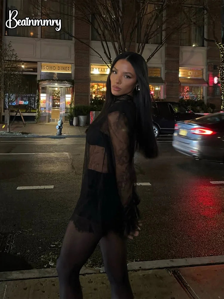 Chic Black Lace See Through Top Lady Fashion Half-high Collar Full Sleeve Cropped Blouse 2026 Spring Women Party Street Outwear