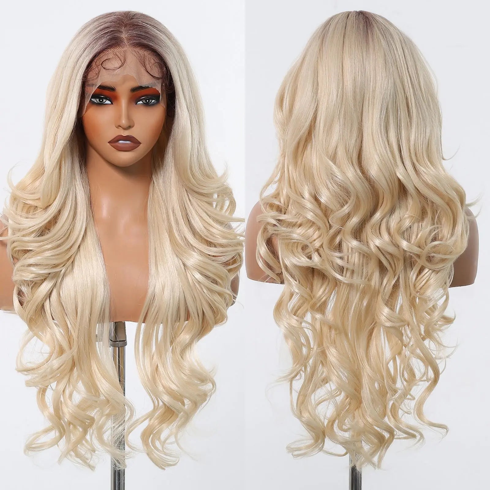 HENRY MARGU Brown Blonde Highlight Synthetic Wigs 13*6 Lace Front Long Wavy Fake Hair for Women Realistic Natural Wig Daily Use
