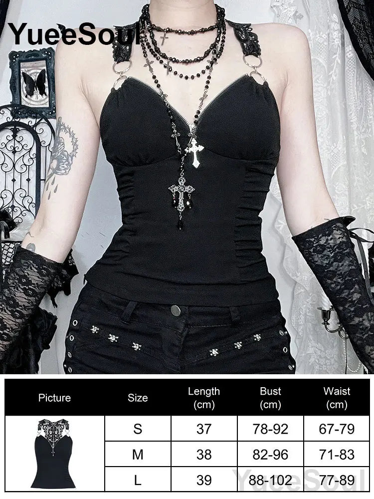 Gothic Crop Tops Black Spaghetti Strap Mesh Slim Corset Tops 2026 New Goth Punk Grunge Fairy Core Sexy Y2K Halloween Clothing