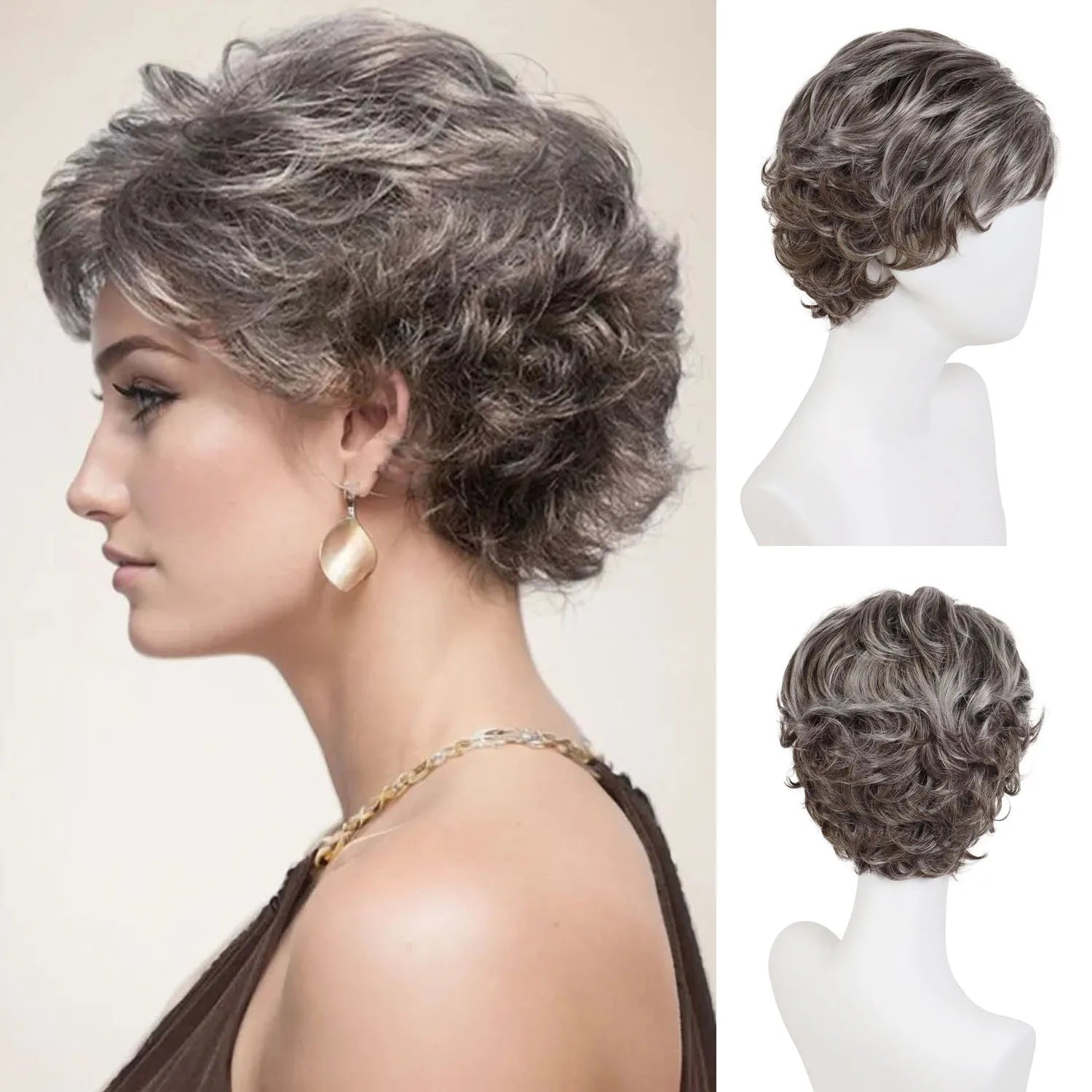 Women's Fashion Short Wigs Natural Synthetic Hair Mixed Blonde Pixie Cut Layered Wig with Bangs Heat Resistant Daily Party Use