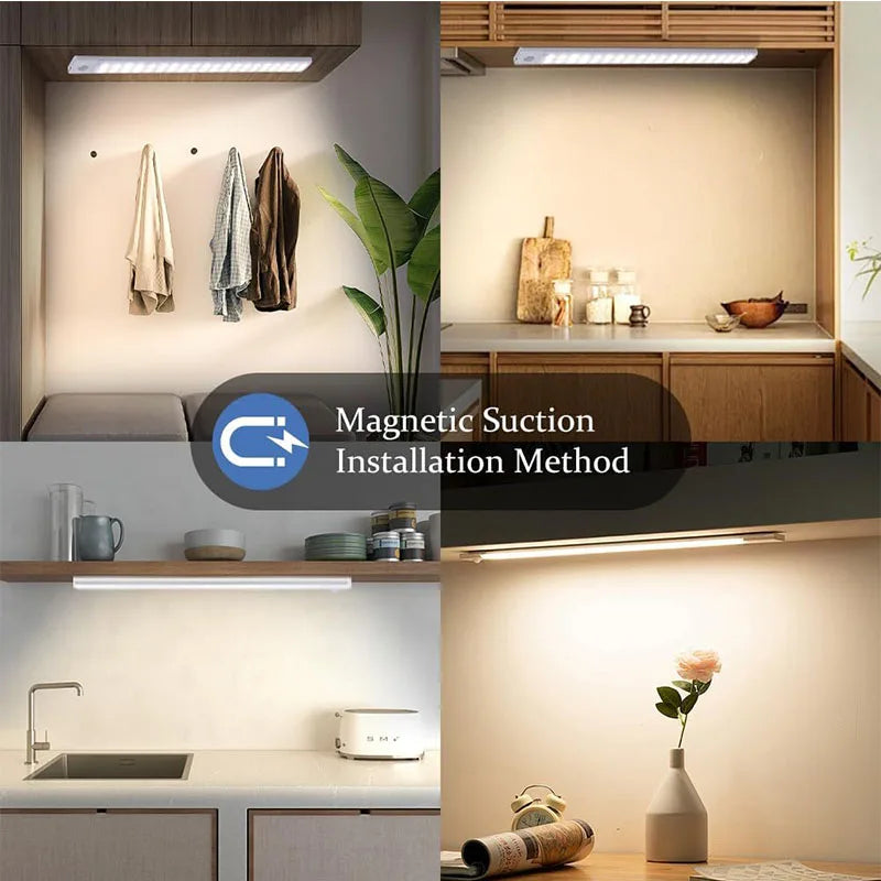 10-60cm Ultra-Thin Motion Sensor Light Magnetic Mount USB Rechargeable 3-Color Adjustment Under Cabinet Light for Home Office