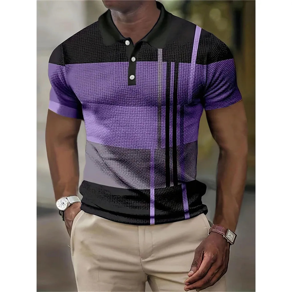 Summer Color Block Striped 3D Print Polo Shirts Men's Fashion Streetwear Button Lapel Short Sleeve Shirt Tees Tops Man Clothing