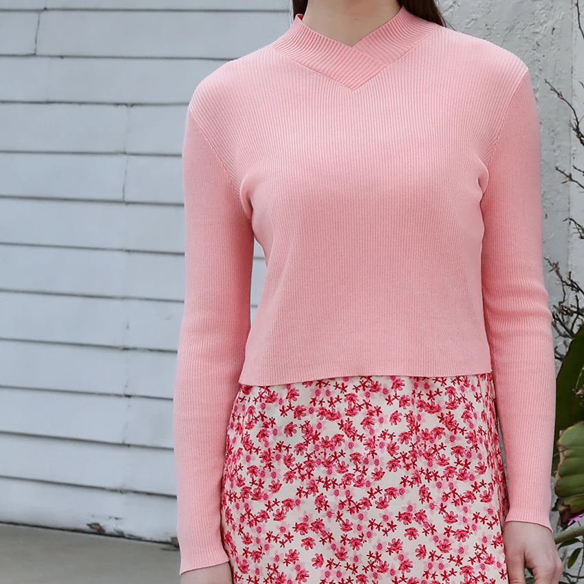 AP 2026 Spring and Summer Women Pink Pattern Satin Slip Dress Knitting V-neck Sweater Sweet Style Clothing