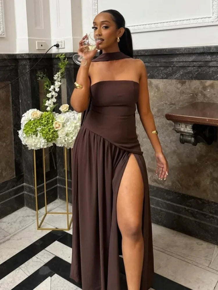 Butter Yellow Mesh Splicing Long Dress Elegant Strapless Split Backless Pleated Gowns For Women 2026 Lady Evening Party Gowns