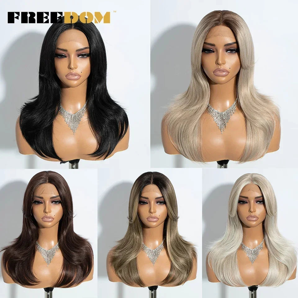 FREEDOM Straight Synthetic Lace Front Wigs For Black Women Ombre Blonde Brown Lace Wig 20 Inch Wig With Bangs Cosplay Lace Wig