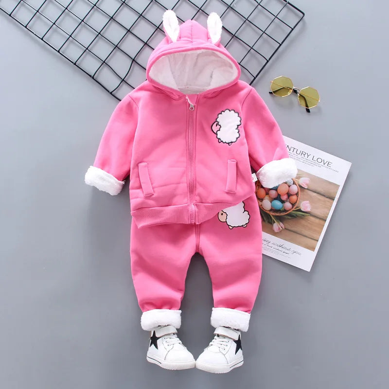 Children's Winter Padded Clothes Suit Boys Girls hooded Thickened Cotton Quilted Trousers0-5T Baby Home Service 2-Piece Set