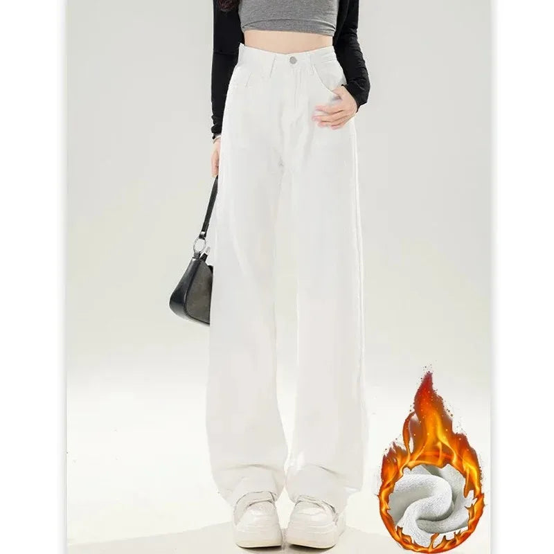 Winter Korean Fleece Thermal Straight Women's Jeans Girls Snow Warm Casual High Waist Denim Pants Lady Daily Loose Leg Trousers