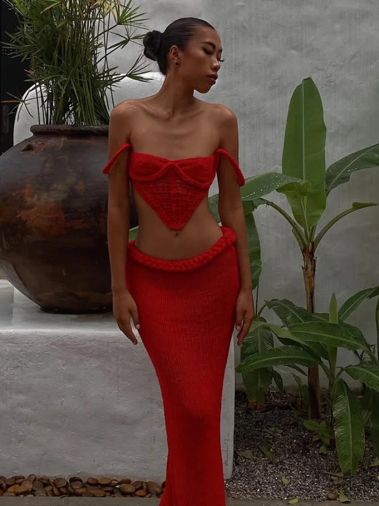 Knitted Bra Corset Skirts Sets Women Twist Hollow Out Strap Backless Crop Top Split Skirt Suits Female 2 Pieces Vacation Seaside
