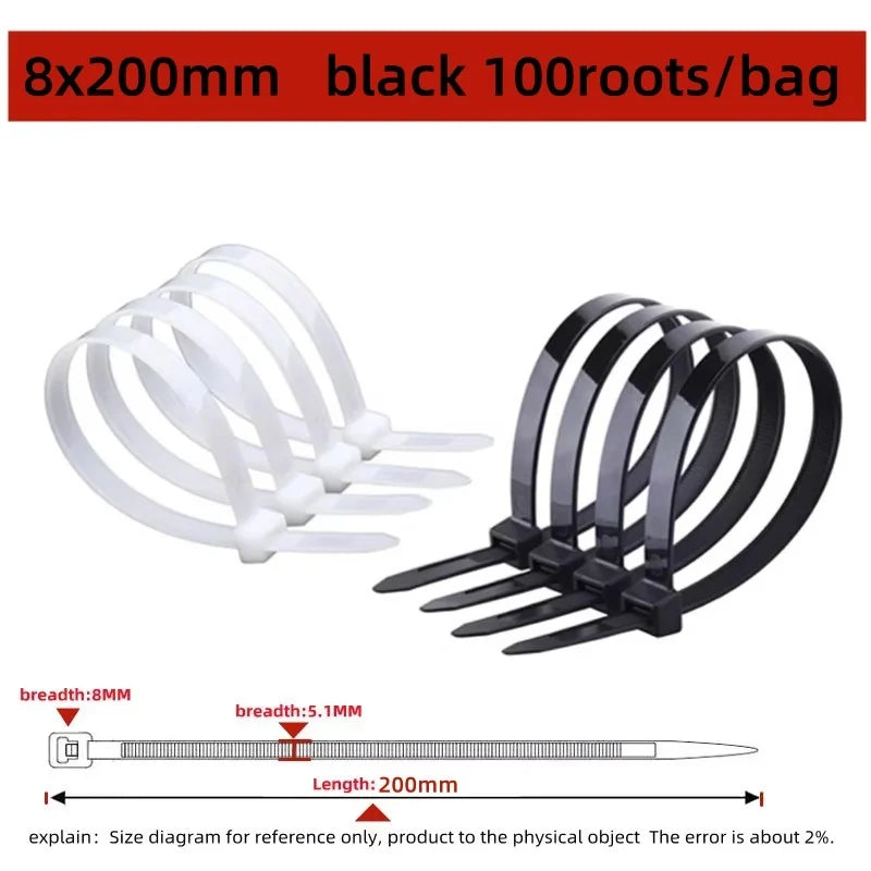100PCS Plastic Nylon Cable Ties Self-locking Cord Ties Straps Adjustable Cables Fastening Loop Home Office Wire Zip Ties