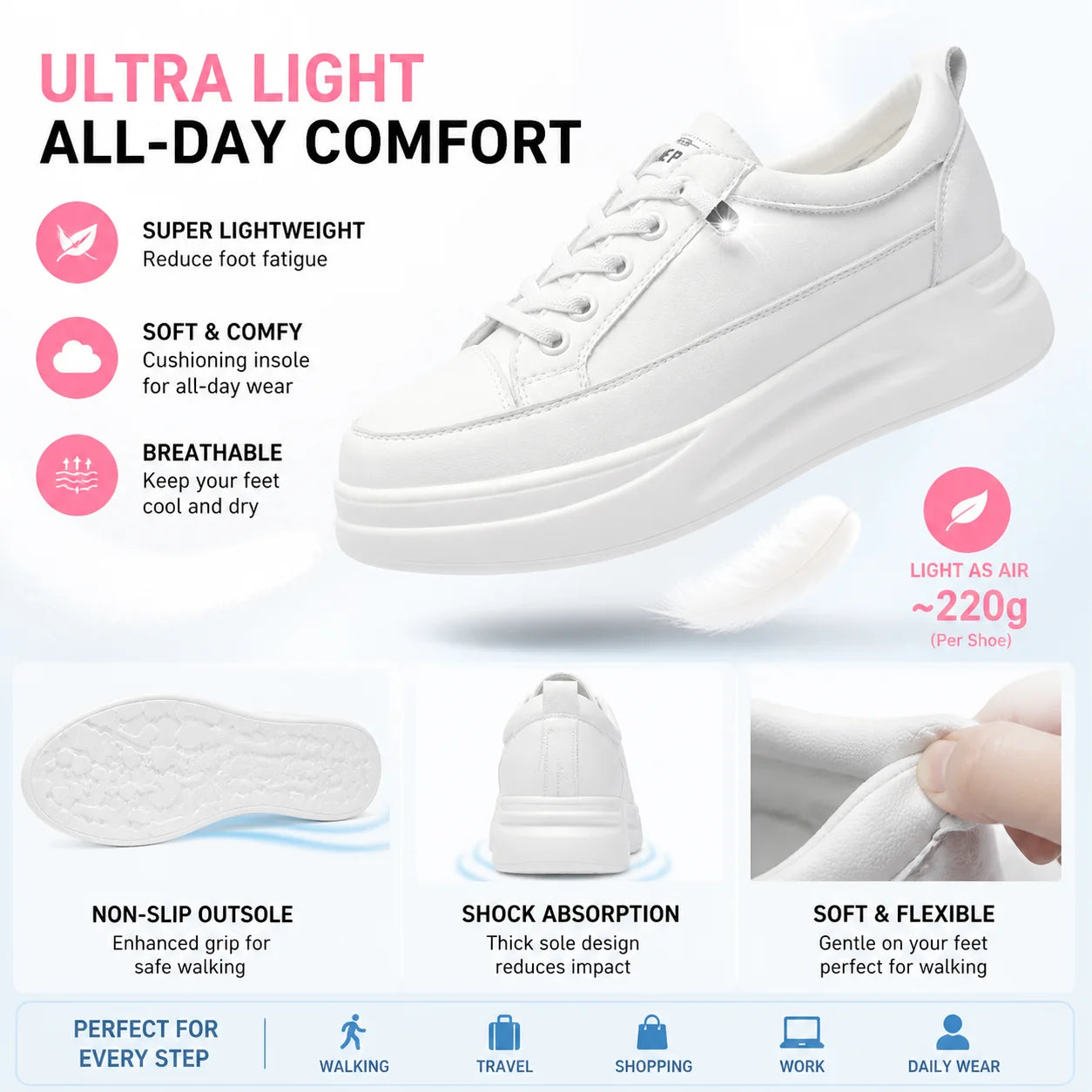 Fujin 4.5cm Genuine Leather Women Shoes Platform Flats Breathable Women Mesh Shoes White Sneakers Spring Autumn Summer Shoes