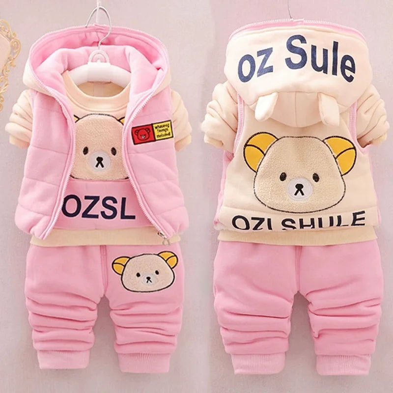 Boys Clothes Suit Autumn Winter Warm Baby Girl Suits Kids Vest+Tops+Pants 3Pcs Children Fashion Cartoon Print Casual Outfits