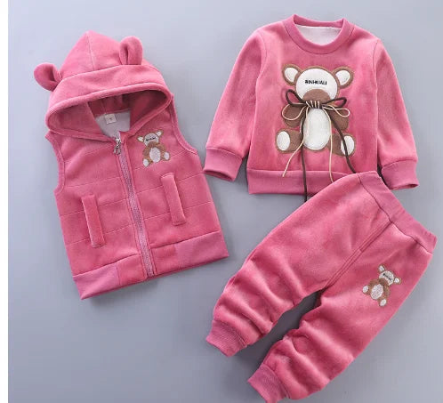 Children Clothing Sets Winter Plus Velvet Thick Warm 3Pcs Outfit Cartoon Bear Baby Boys Clothes Sport Tracksuit Set For Girls