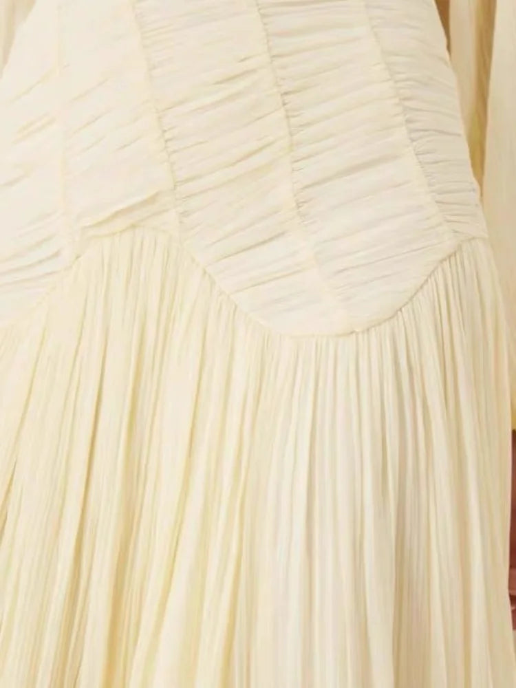 Elegant Pleated Long Lantern Sleeve Long Dress Women O-neck Folds Loose Holiday Beach Dresses 2025 Summer Commute Chic Vestidos