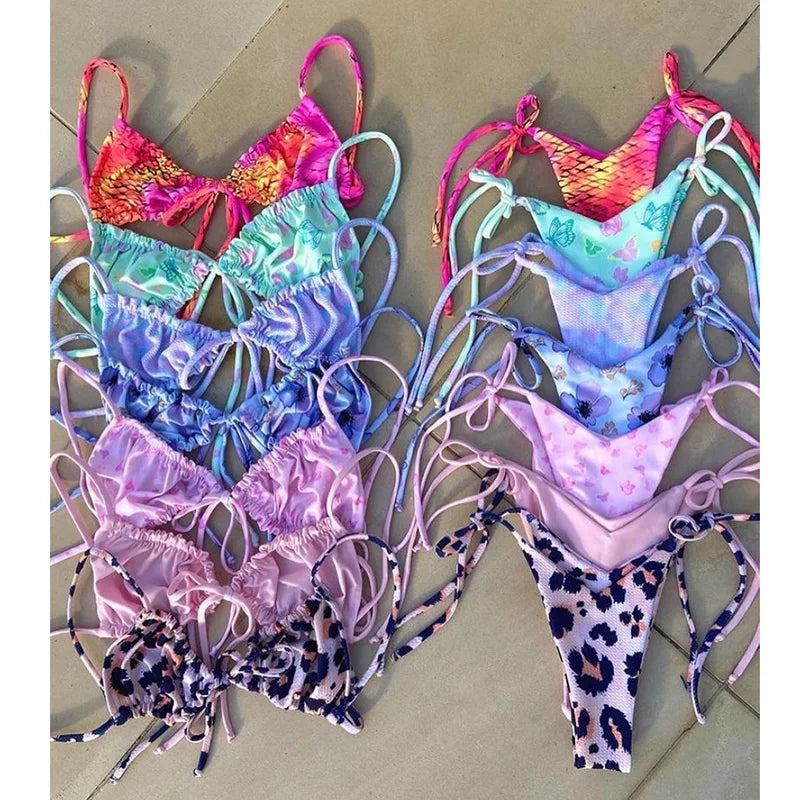 BIQIUYYI Brazilian Sexy Micro Mini Thong Bikini Set Summer Bandage Swimsuit Women Pleated Bathing Suit Beachwear Halter Biqiuni