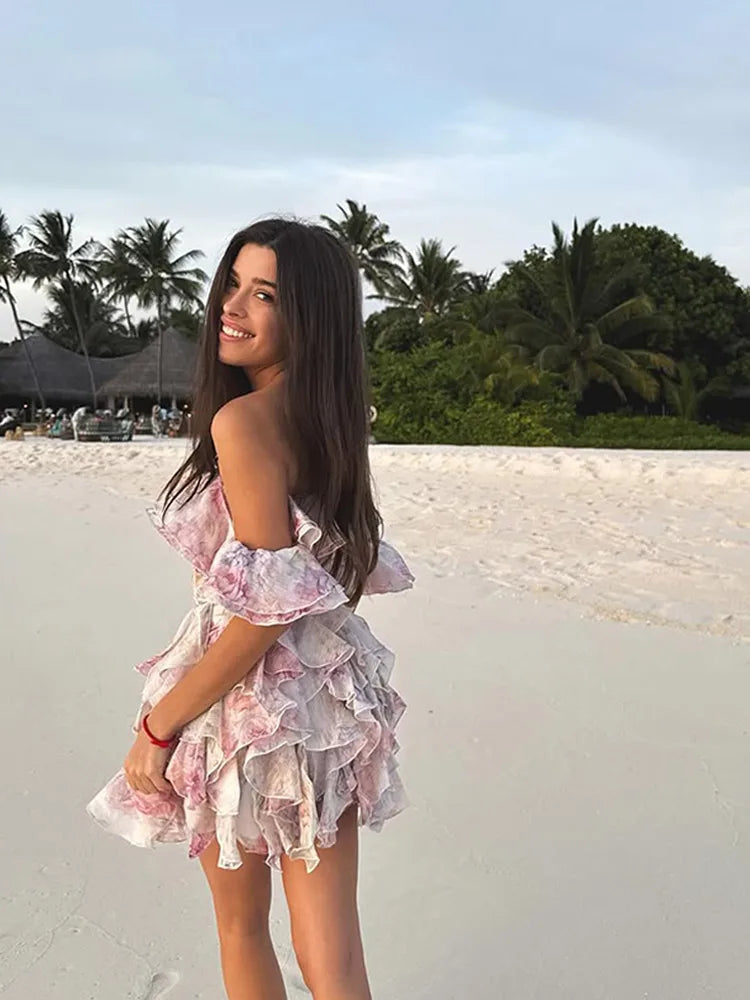 Elegant Pink Floral Printed Mini Vestido Women Chic Chiffon Full Sleeve Off Shoulder Layered Irregular Dress 2026 New Party Wear