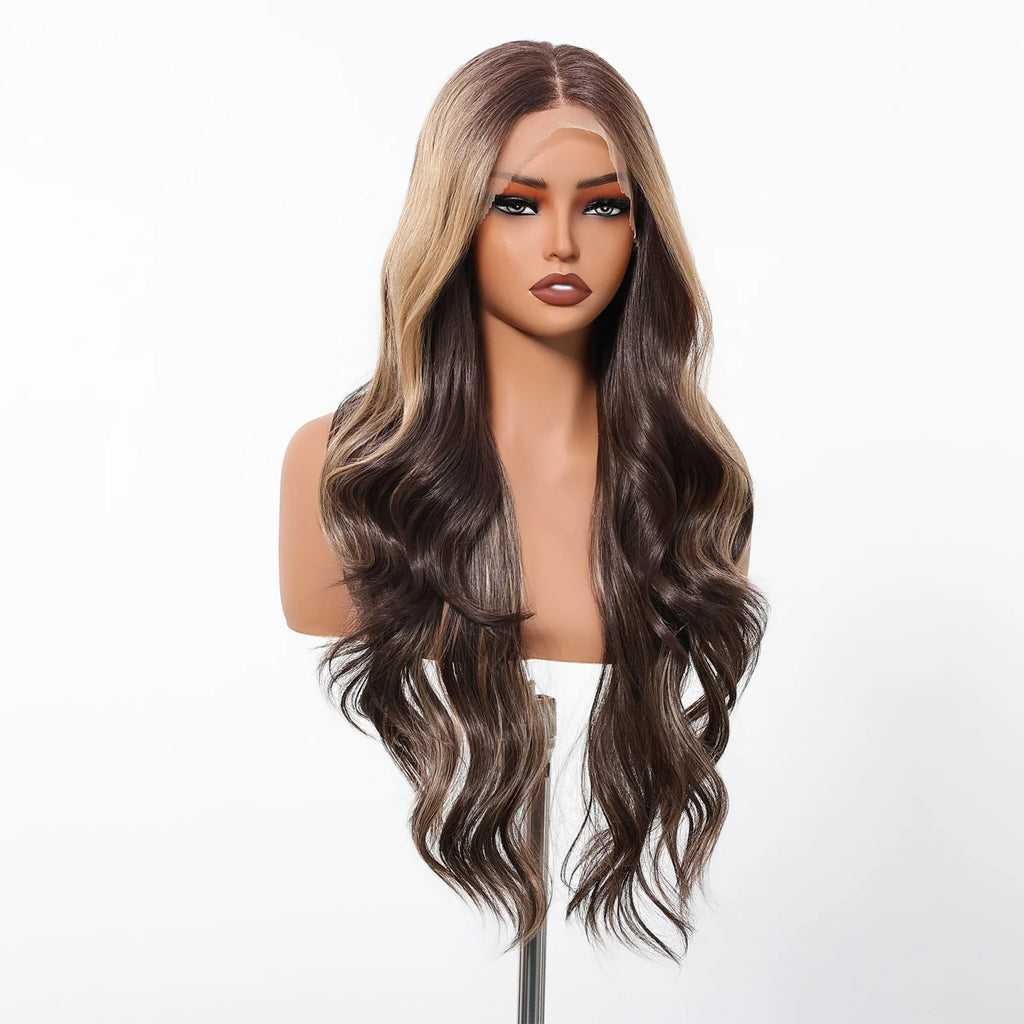 HENRY MARGU Brown Blonde Highlight Synthetic Wigs 13*6 Lace Front Long Wavy Fake Hair for Women Realistic Natural Wig Daily Use