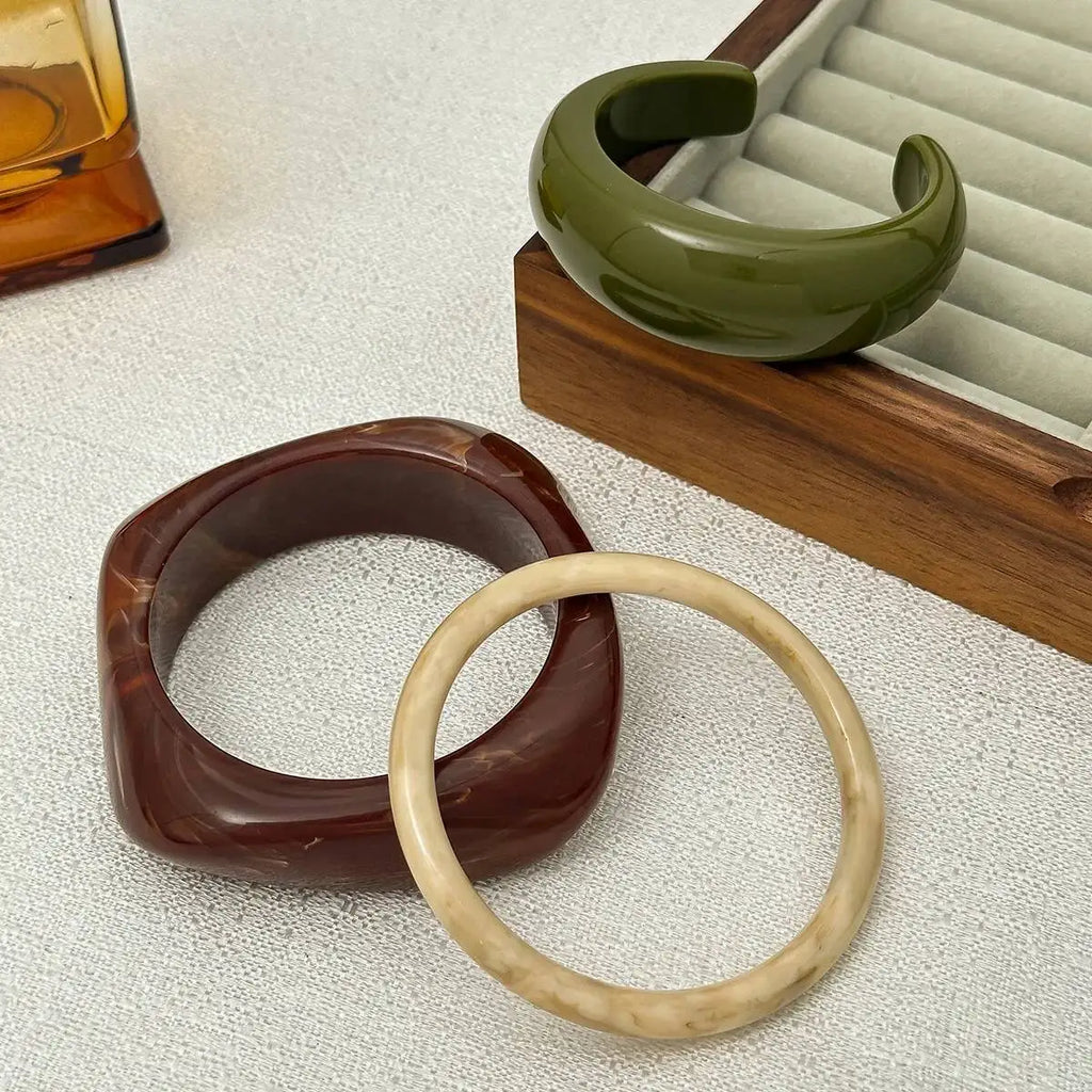 Ingemark 3 Styles Boho Resin Stacked Round Bangles for Women Ethnic Geometric Chunky Wide Bracelets Hand Jewelry Accessories