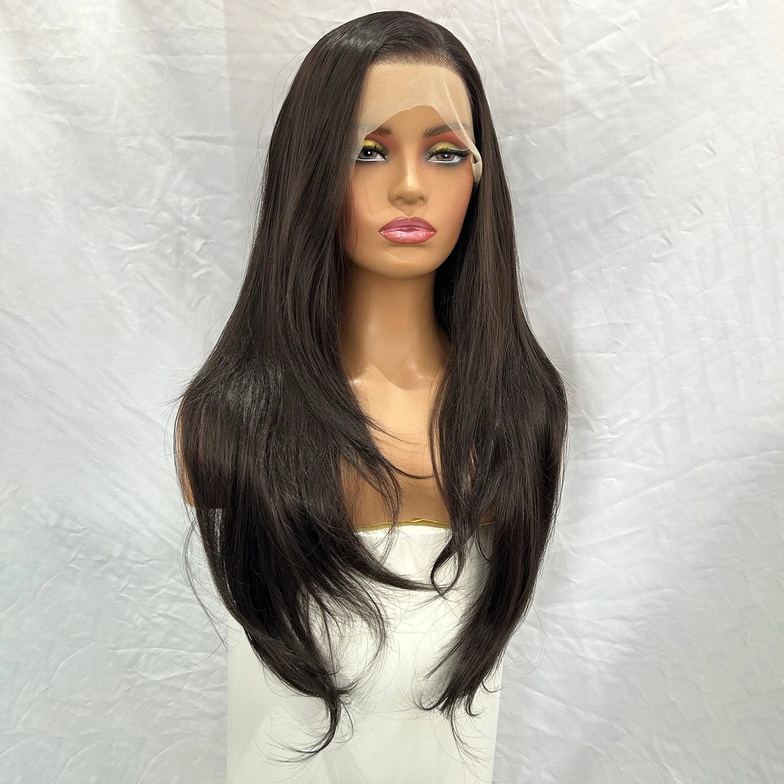 Dark Brown Long Layered Wavy Wigs for Women Free Part Natural Black Curly Synthetic 13X4 Lace Frontal Brunette Wig Daily Party