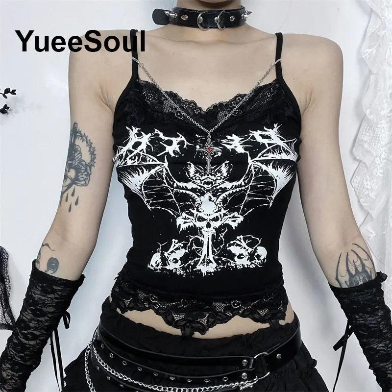 Gothic Crop Tops Black Spaghetti Strap Mesh Slim Corset Tops 2026 New Goth Punk Grunge Fairy Core Sexy Y2K Halloween Clothing
