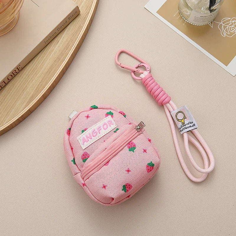 Pink Strawberry Printed Mini Coin Purse Backpack Pendant Anti Loss Key Chain Wallet Portable Multifunctional Earphone Bag